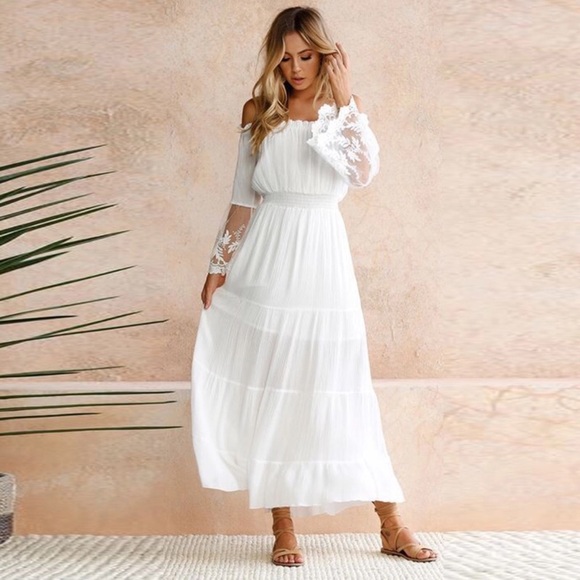 Tiered Lace Sleeve Boho Maxi Dress White - Picture 4 of 8